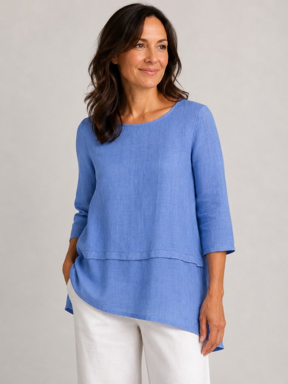 Crown Linen Designs Sky Blue Tiered 3/4 Sleeve Top, Size XS